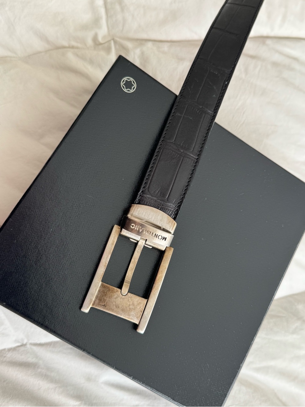 Montblanc Black Leather Belt with Silver-Tone Buckle